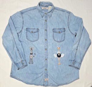 Levi Strauss Signature Men's L Denim Shirt Embroidered Zebra Ostrich Tiger Y2K
